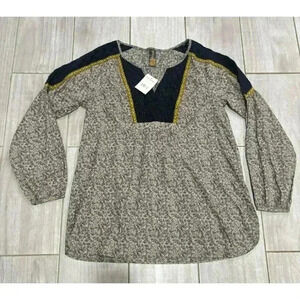 Free People Heathered Gray Boho Blouse with Navy & Gold Trim